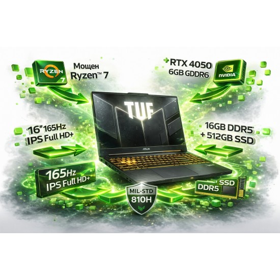 ASUS TUF Gaming F16 FA607NUG-RL117 – геймърски лаптоп с RTX 4050 и доставка до всеки град в България