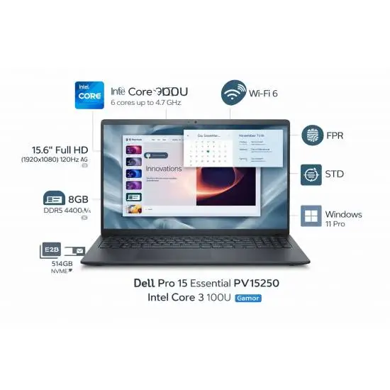 Dell Pro 15 Essential PV15250 – Intel Core 3 100U лаптоп 15.6" за работа, обучение и ежедневни задачи