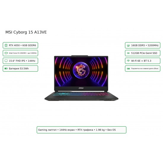 MSI Cyborg 15 A13VE – i5-13420H, RTX 4050 6GB, 15.6" FHD 144Hz Геймърски лаптоп